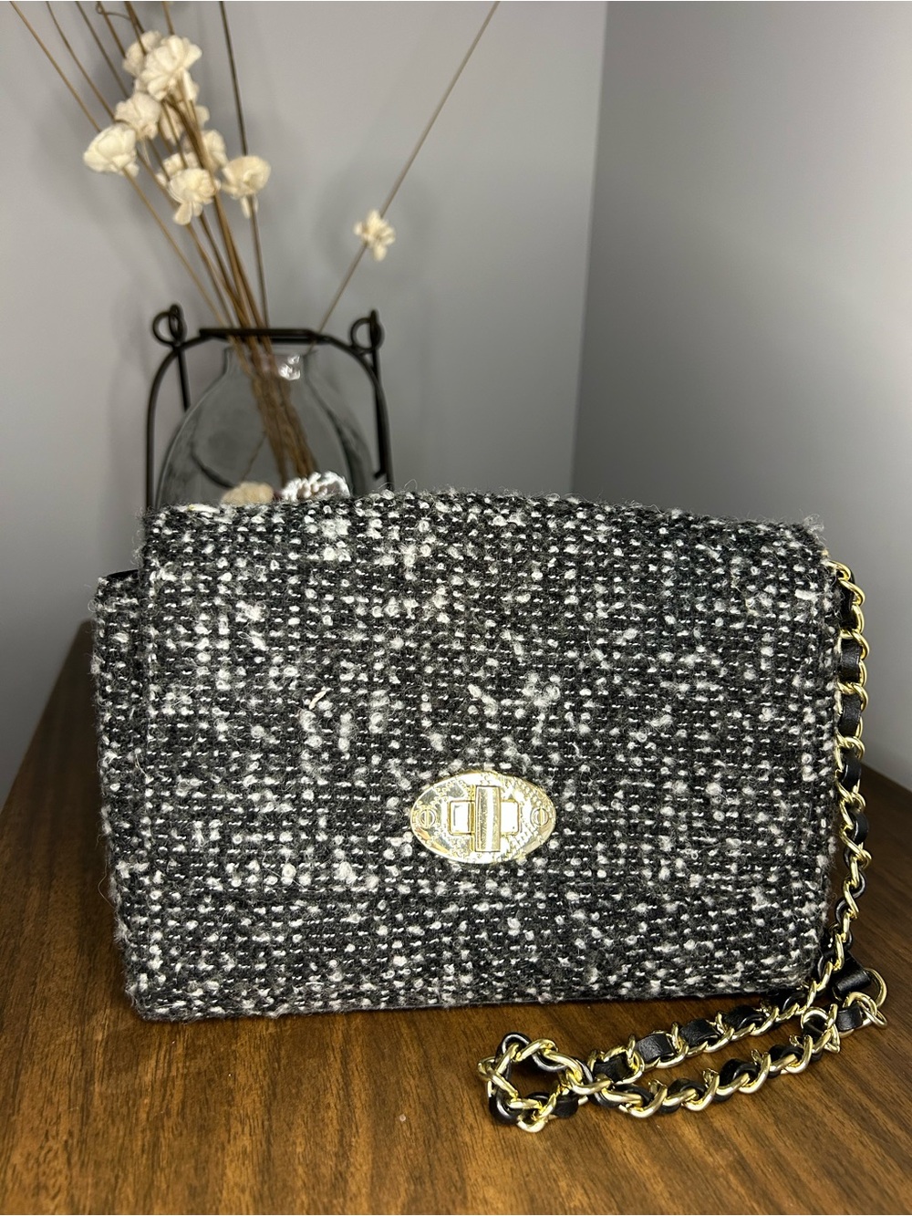 Talbots Twisted Tweed Black Gray Wool Blend Crossbody Bag Gold Chain